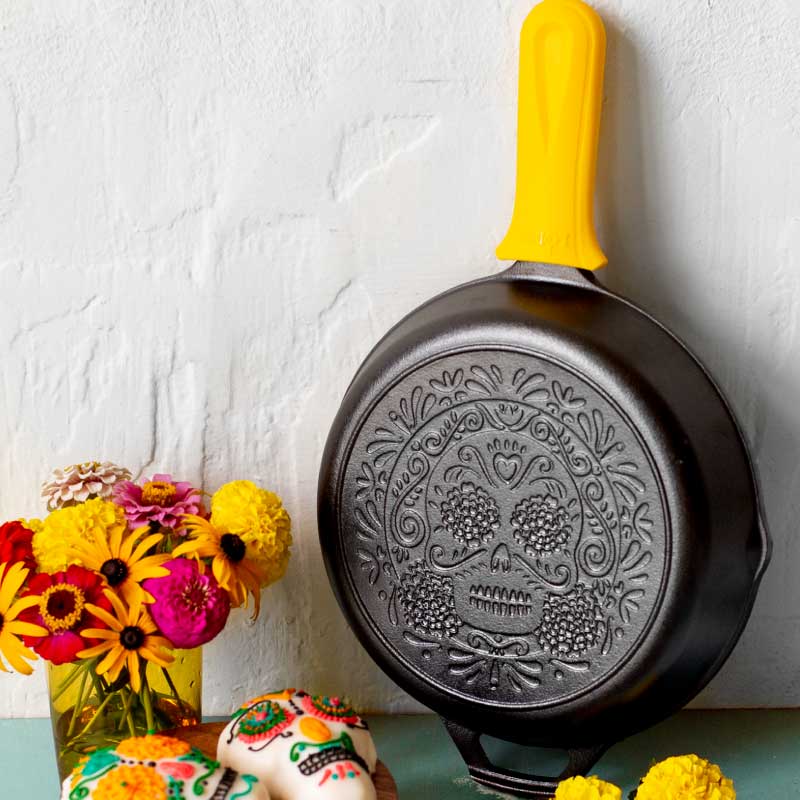 Seasoned Cast Iron Sugar Skull Skillet with Deluxe Handle Holder
